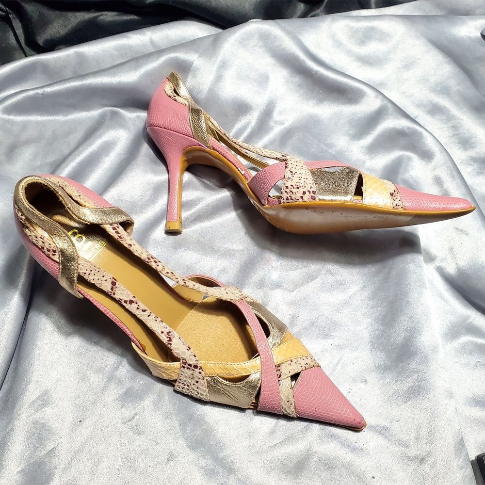 BAKERS pink gold iridescent snakeskin strappy cut out pointy toe heels THALIA